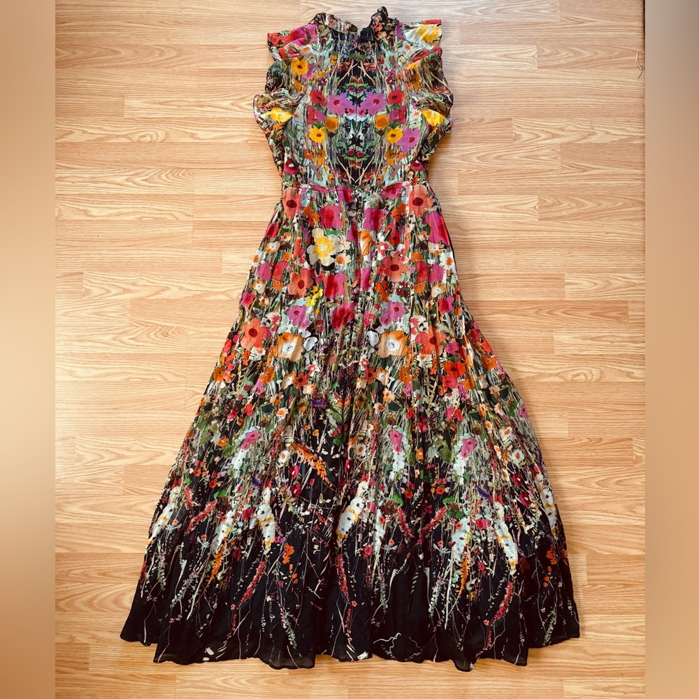 Lela Rose Vibrant Floral Multicolor Maxi Dress with ruffled sleeves Vogue 8